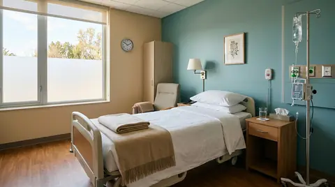 Calm medical detox room with a made bed and soft daylight