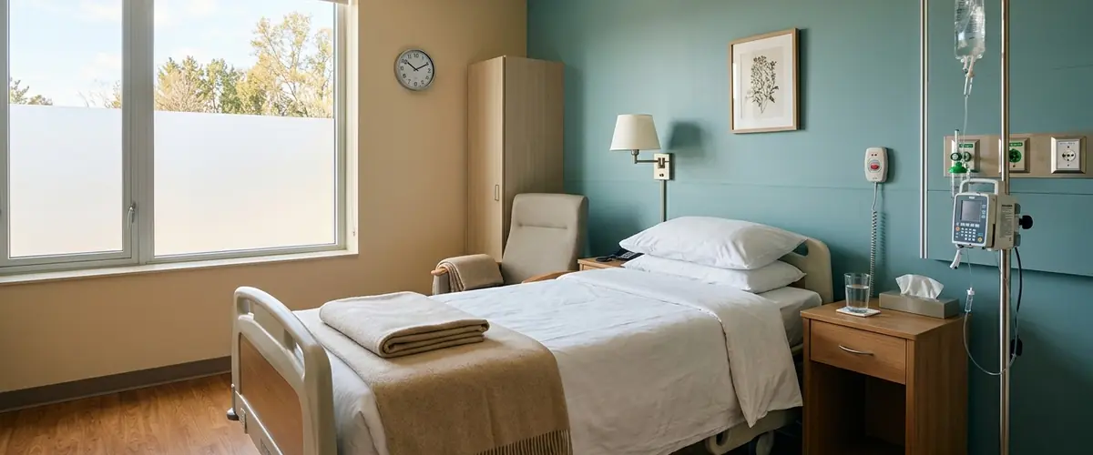 Calm medical detox room with a made bed and soft daylight