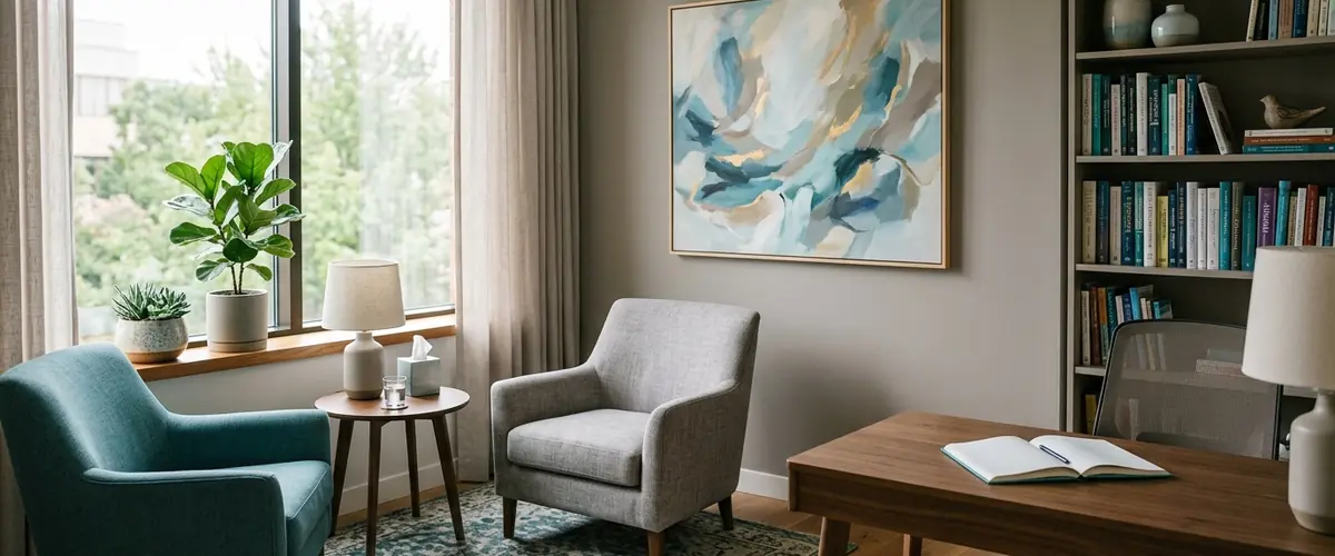 Psychiatrist office with two chairs and a bookshelf