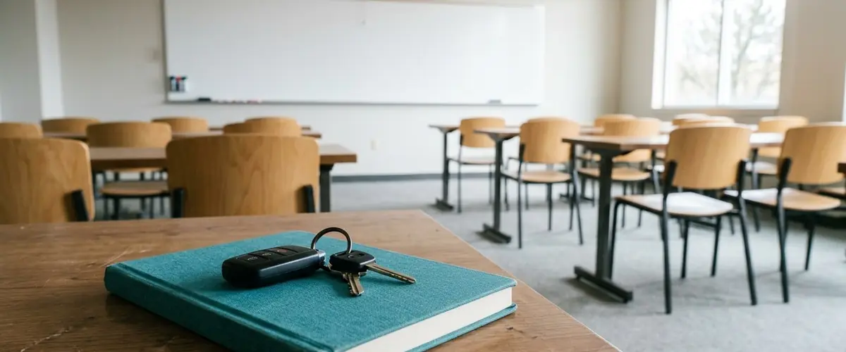Car keys on a notebook in a classroom