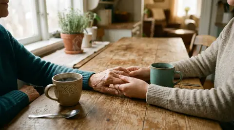Two people holding hands across a kitchen table