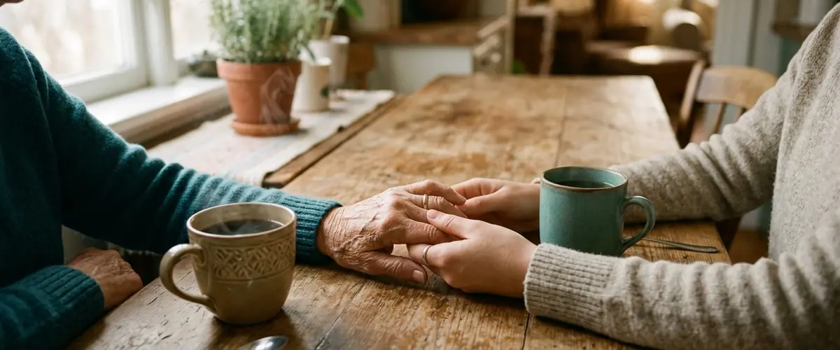 Two people holding hands across a kitchen table