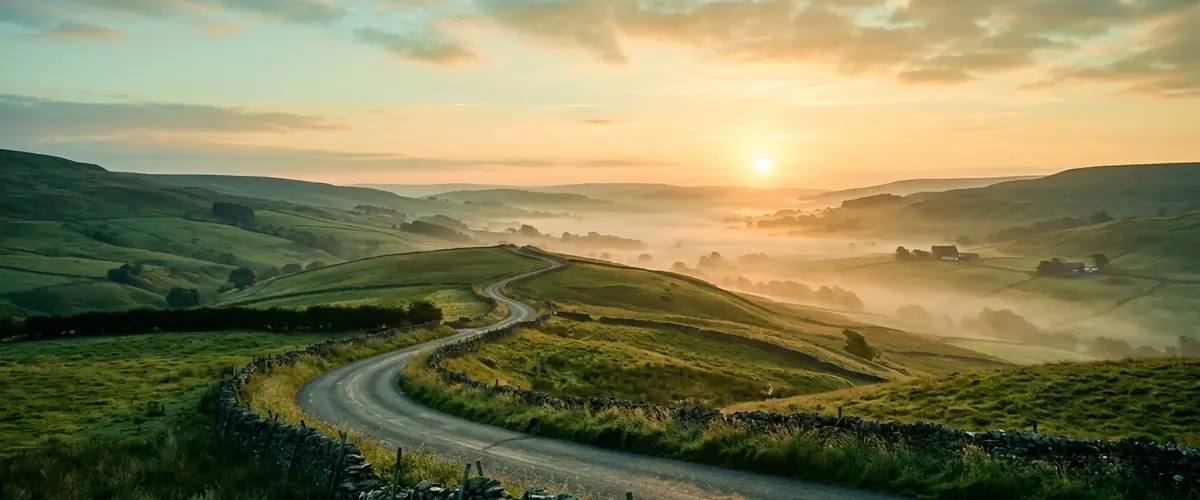 Country road winding through hills at sunrise