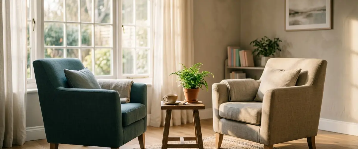 Quiet counseling room with two armchairs in morning light