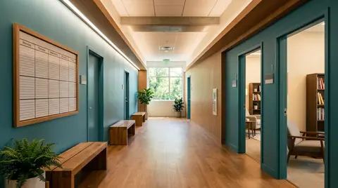 Outpatient clinic hallway with counseling rooms