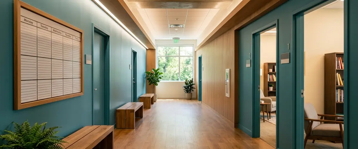Outpatient clinic hallway with counseling rooms
