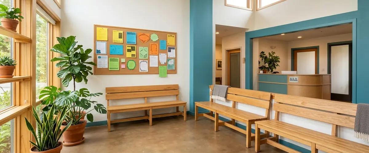 Community health center lobby with benches and plants