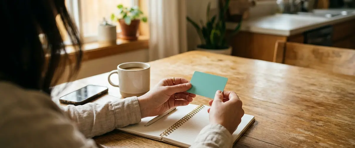 Person holding a health insurance card at a kitchen table