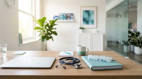 Clinic desk with a stethoscope and laptop