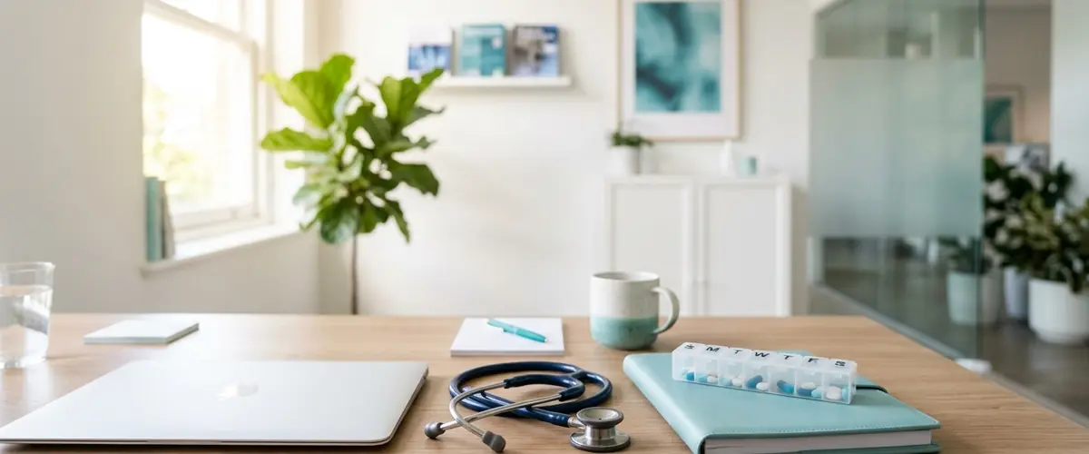 Clinic desk with a stethoscope and laptop
