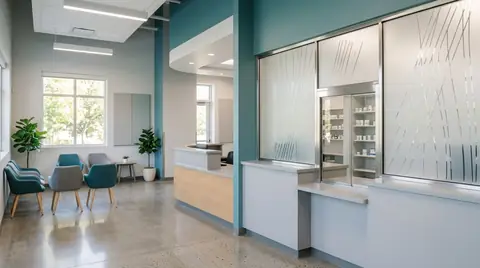 Clean clinic reception and dispensing window