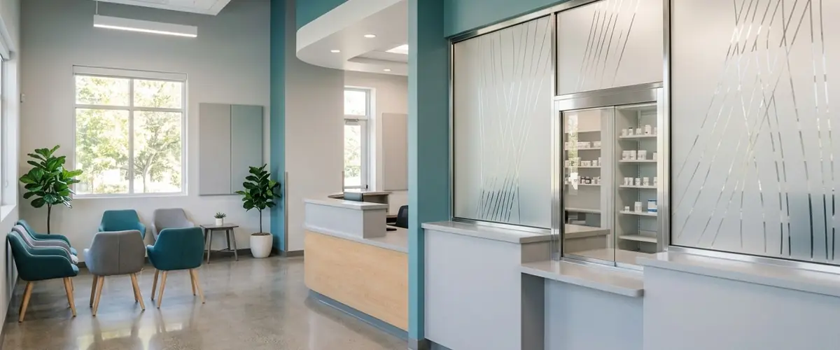 Clean clinic reception and dispensing window