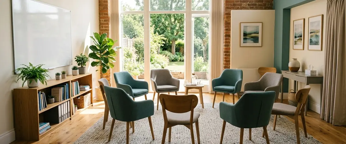 Group therapy room with a circle of chairs