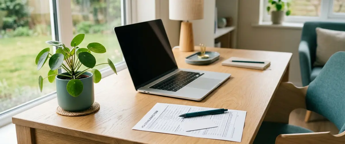 Home desk with a laptop and insurance paperwork