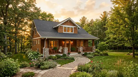 Residential treatment house with a porch surrounded by trees