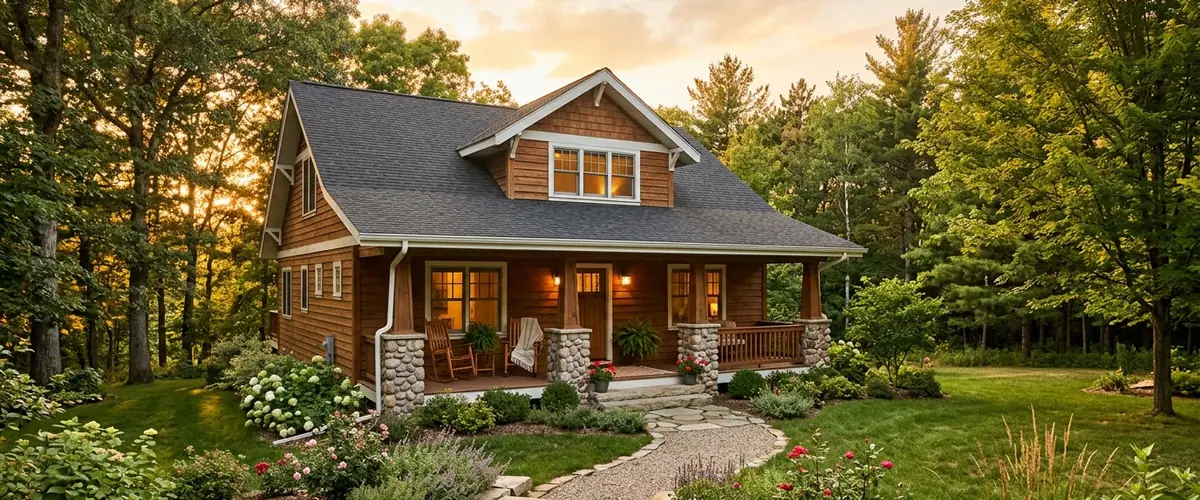 Residential treatment house with a porch surrounded by trees