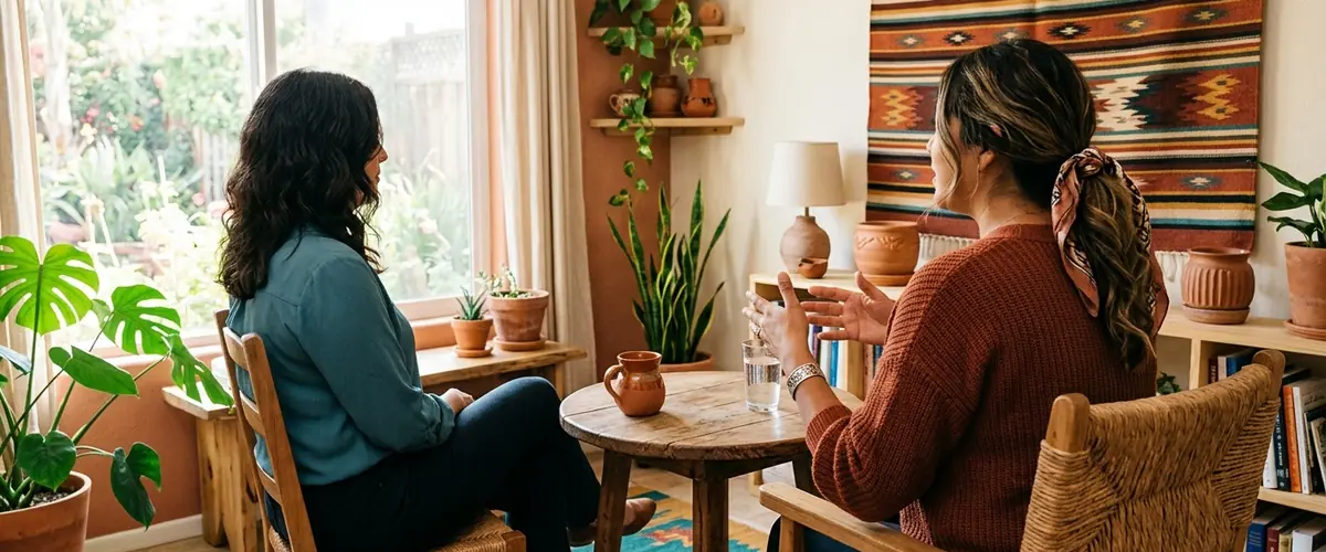 Two people talking in a warm counseling office