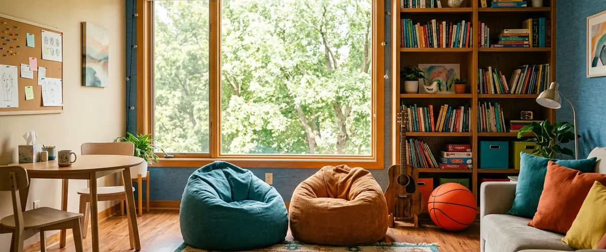 Adolescent counseling room with bean bags and a guitar