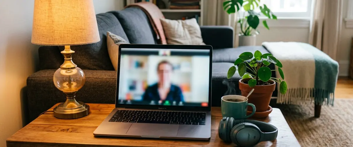 Laptop on a living room table set up for an online counseling session