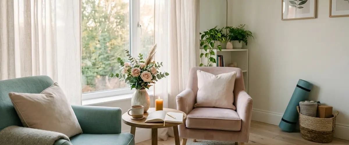 Serene wellness room with armchairs and flowers
