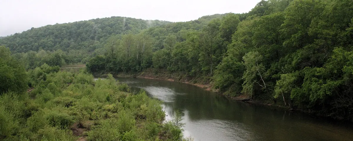 Arkansas: Buffalo National River as seen from the Highway 123 bridge at Carver Landing (looking east)