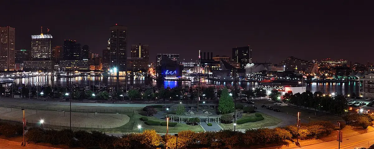 Maryland: A four segment panorama of Baltimore's Inner Harbor skyline taken at night from Federal Hill.