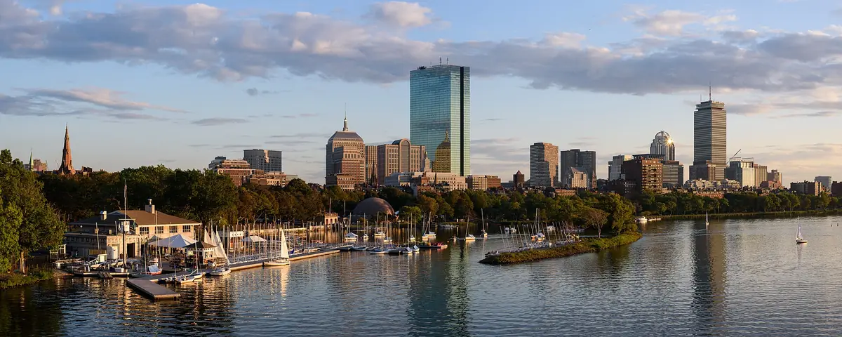 Massachusetts: Two-segment panorama of Back Bay skyline from Longfellow Bridge, Boston.