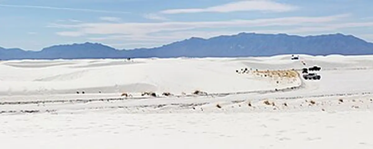 New Mexico: Stitched panoramic image of the dunefield at White Sands National Park from the Dunes Drive atop a sand dune, taken in March 2021
