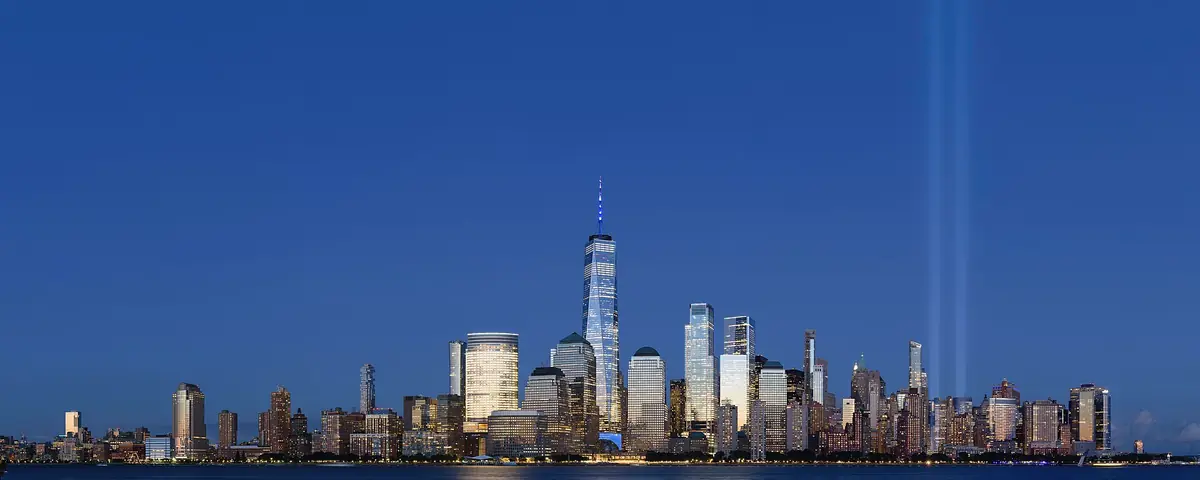 New York: Five-segment panorama of Tribute in Light, Lower Manhattan, New York City, as viewed from Exchange Place, Jersey City, New Jersey.
