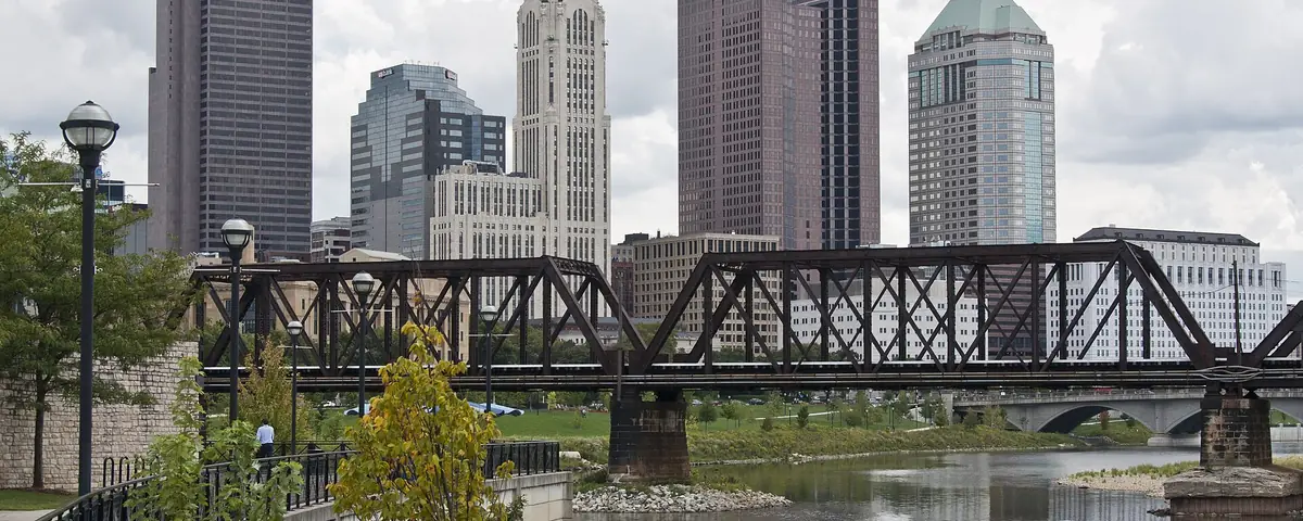 Ohio: Downtown Columbus from the Scioto Greenway. Tall buildings from left to right is the Rhodes State Office Tower, One Columbus Center (The one