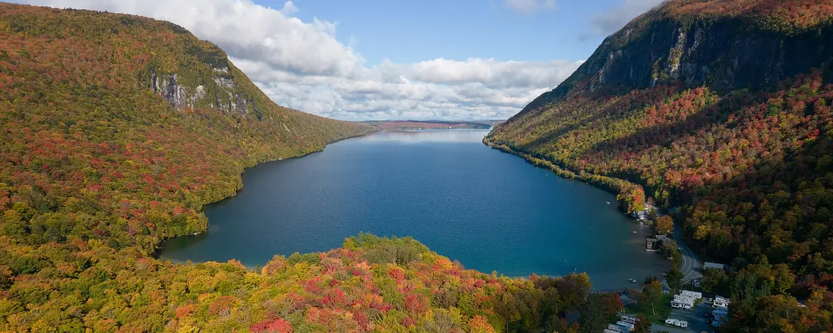 Vermont: Drone view of Lake Willoughby, Vermont, with Mount Hor on the left and Mount Pisgah on the right.